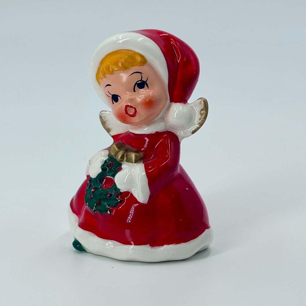 MCM Christmas Angel Figurine Napco Style Caroler Wreath Gold‎ Wings Japan - Picture 7 of 11